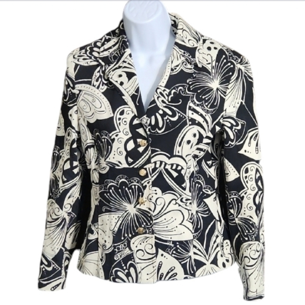 St. John Sport by Marie Gray Black and White Floral Blazer With Gold Buttons